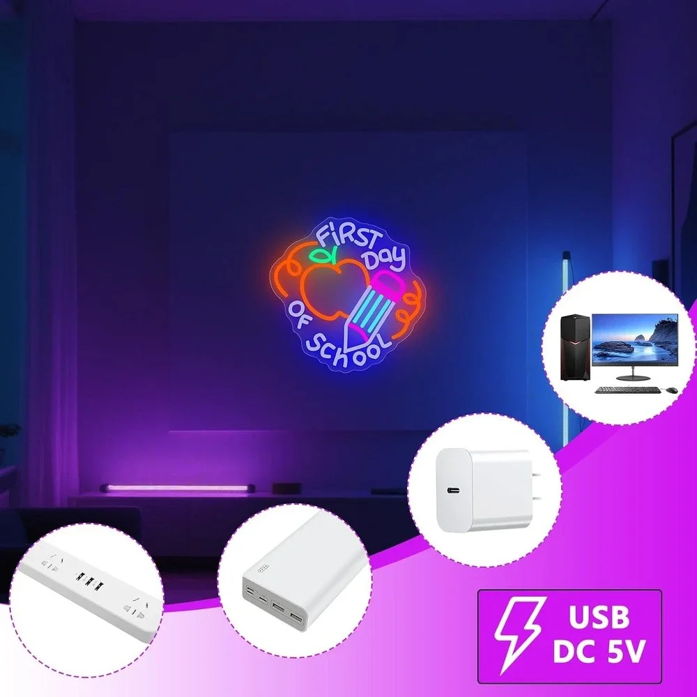 AUGELRE First Day of School Neon Light USB Dimmable LED Sign Wall Decor